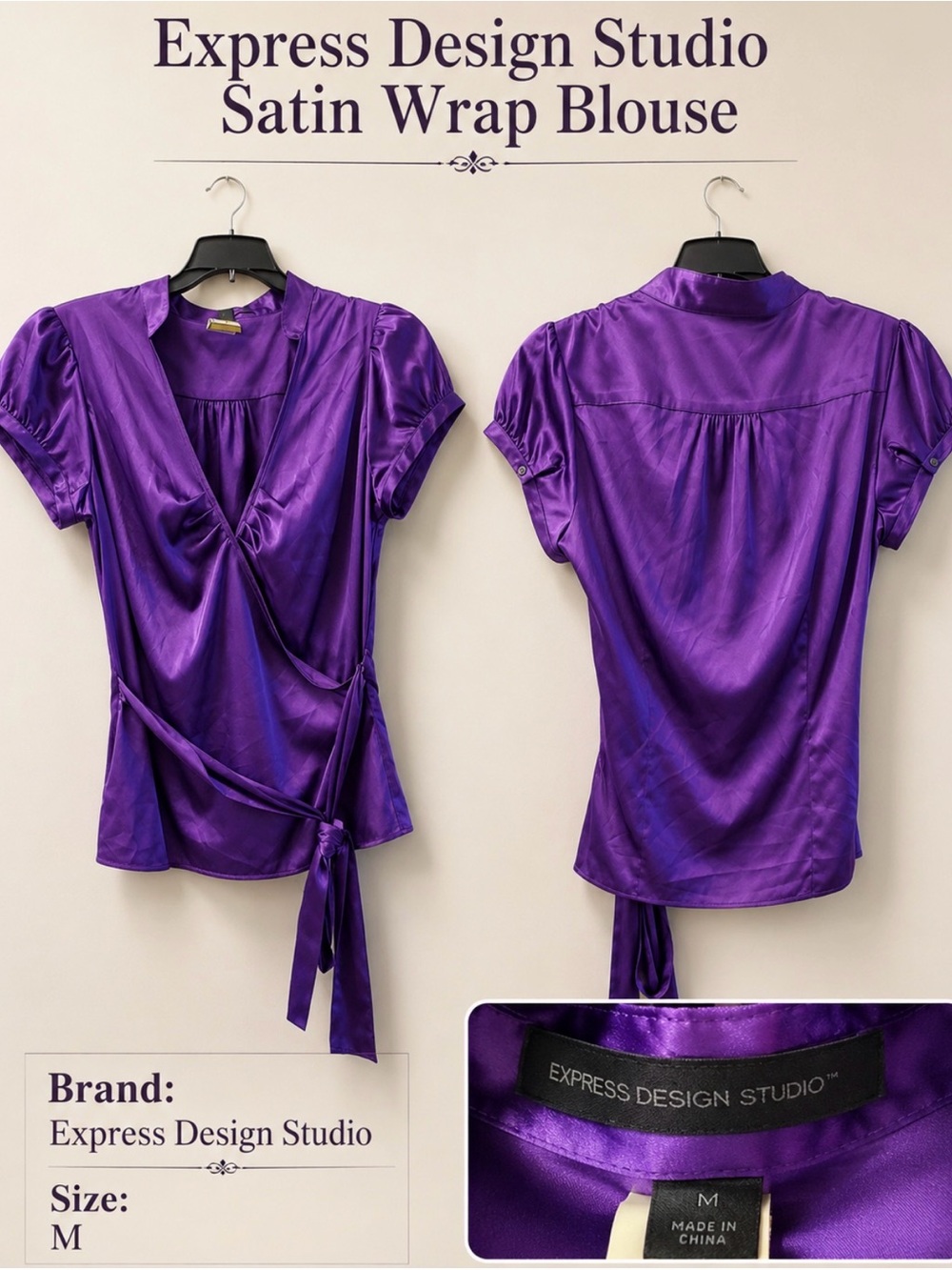 Express Purple Satin Wrap Blouse with Tie
